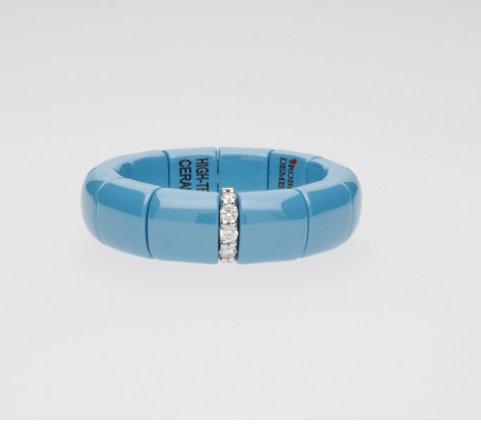 Immagine Anello PURA in ceramica turchese e 1 barretta di diamanti bianchi